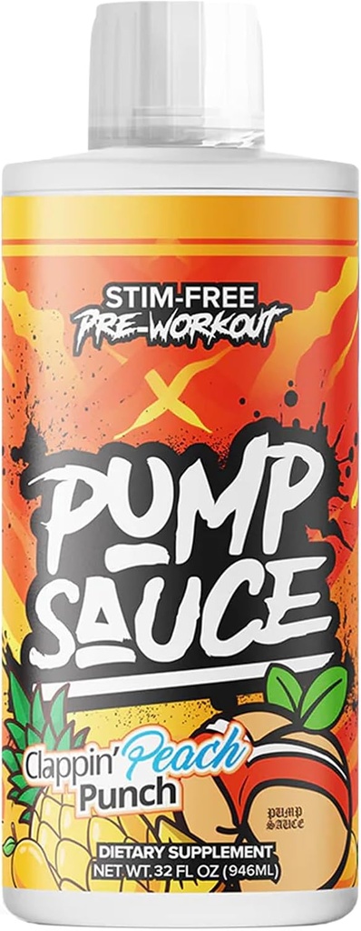 Pump Sauce Pre- cvičení - 32 oz, Clappin Peach Punch, No Caffeine, Full Spectrum Liquid, Gluten Free, Vegan, Nulový cukr
