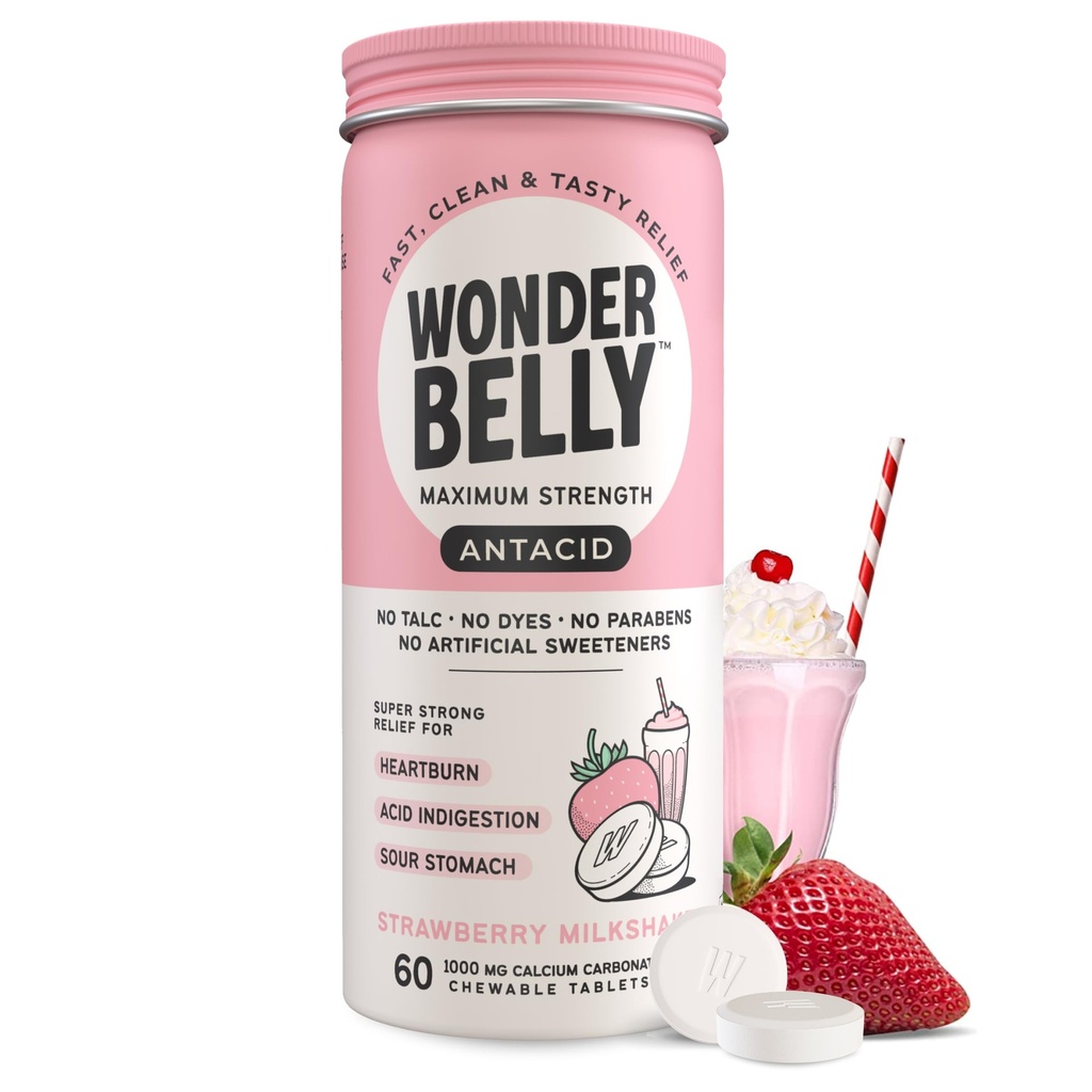 Wonderbelly Antacid, Effective Heartburn and Instant Acid Indigestion Relief, Extra Strength Chewable Tablets, 1000 mg vápníku karbonát, No Talc or Bary, Strawberry Milkshake, 60 Počet