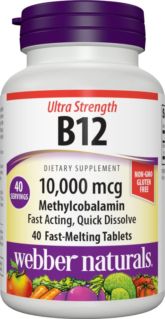 Webber Naturals Vitamin B12 10 000 mcg, Ultra síla, 40 Počet, Rychlé rozpuštění tablety, Vitamin Supplement Podpora pro energetický metabolismus, imunitní a srdeční zdraví, Vegan Formule