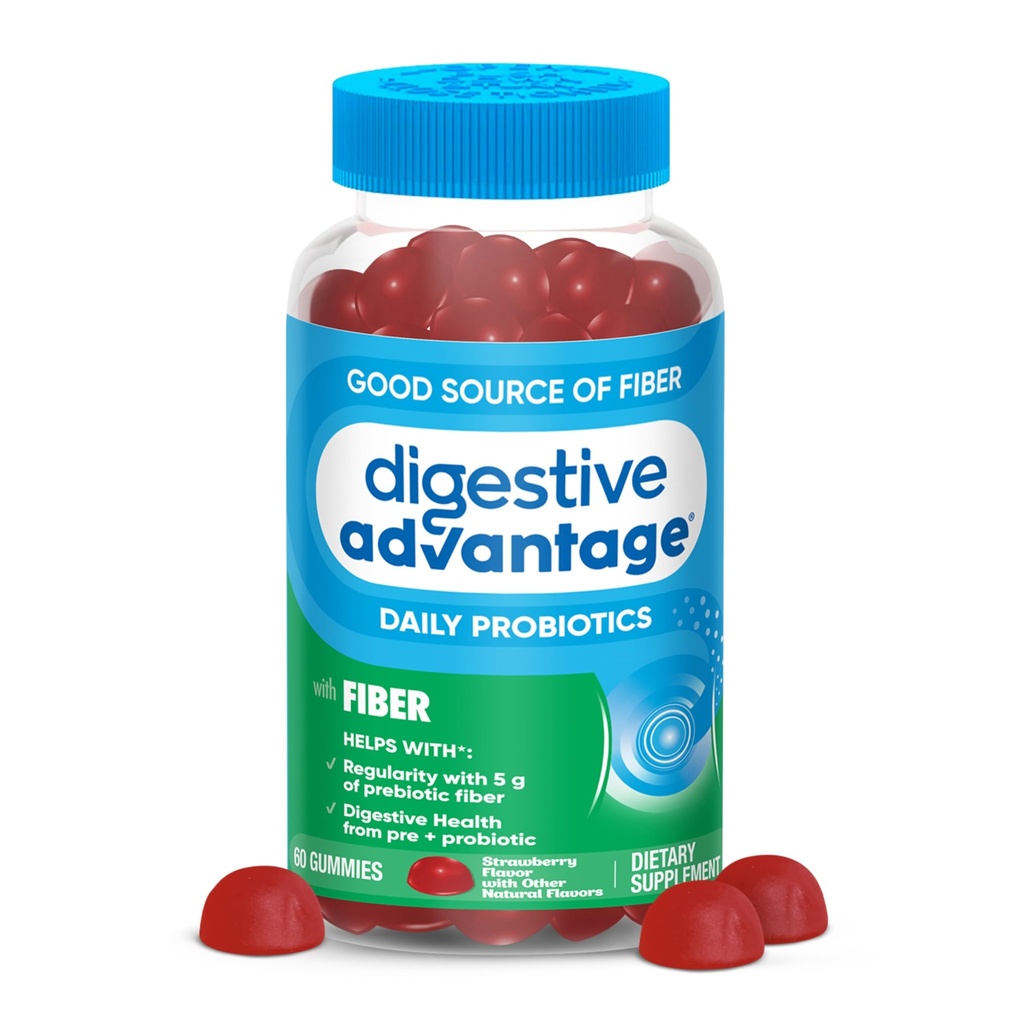 Stravovací výhoda Prebiotická Vláknina + Probiotika pro Gut Health, 5g Prebiotická Vláknina Plus 1 bilion CFU Probiotic, Podporuje stravovací zdraví & Regularita, (60ct Lahvička) Jahoda Flavor *