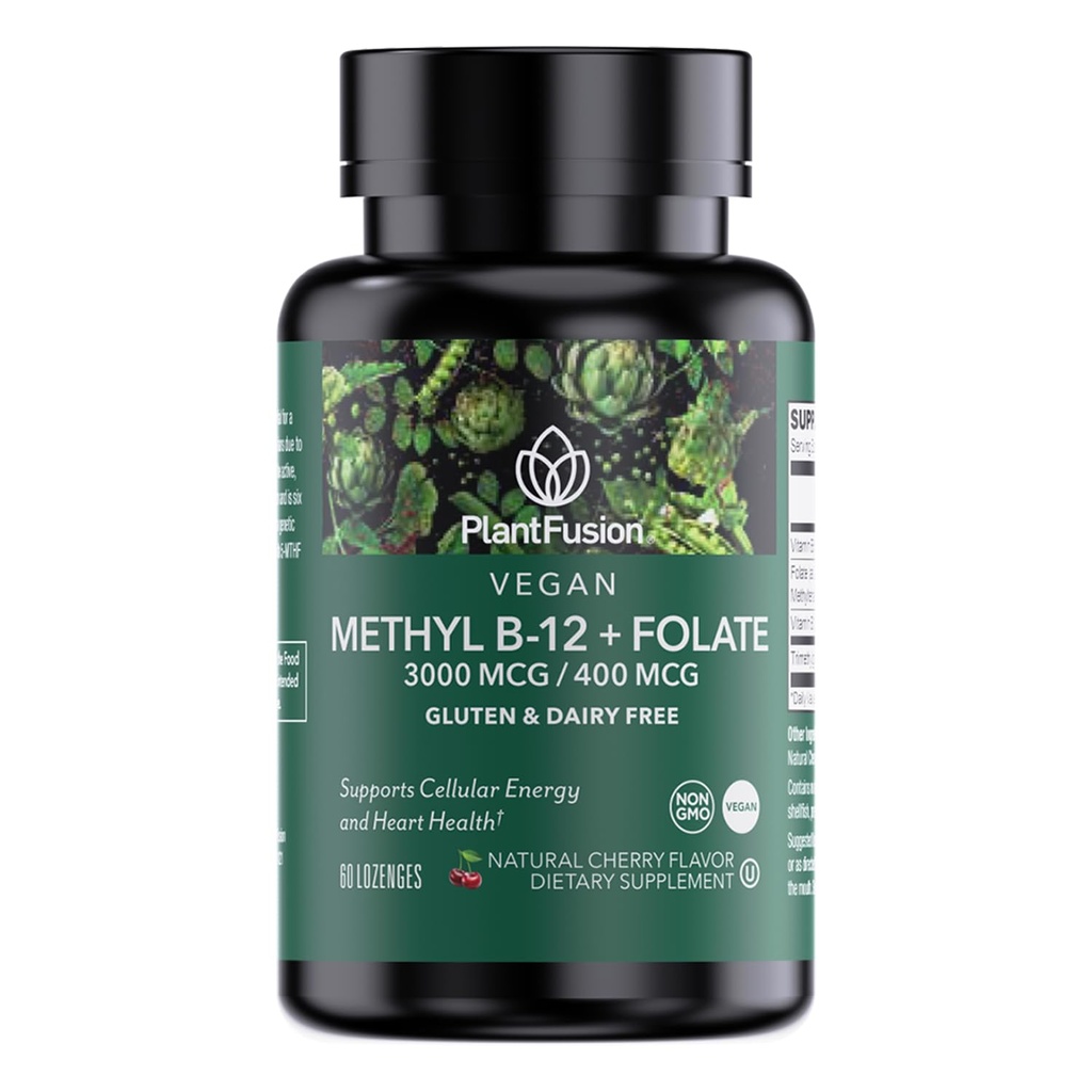 PlantFusion Methylovaný vitamin B komplex - Vegan B12 3000mcg, Vegan Methylfolát (5-MTHF) 400mcg, B6 & TMG - Cherry- Ochucené Lozengy - 60 Počet