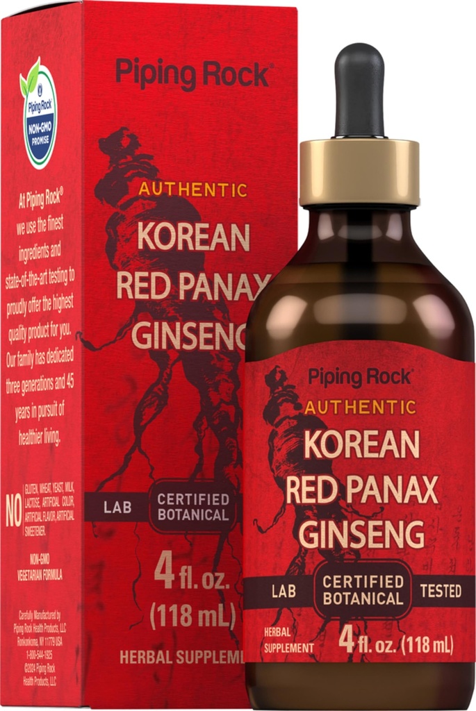Piping Rock Korean Red Ginseng Liquid Extract 124; 4 Fl Oz Oz OZ 124; Panax Root Extract 124; Alkohol zdarma tinktura 124; Vegetarian, Non- GMO, gluten zdarma dodatek