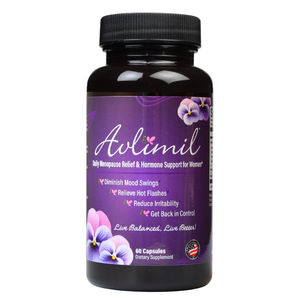 Avlimil ® Hormon Balance & Menopauza Support 124; Mood Swings, Hot Flashes, Night Sweats and Irritability - Isoflavones, Black Cohosh, Malina, Valerian, Sage, Red Clover, Lemon Ball - 1-Month