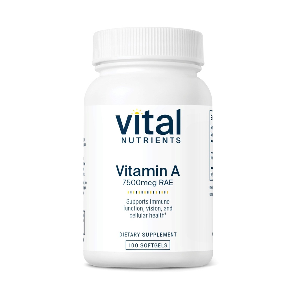 Vitální živiny Vitamin A 7500mcg RAE PHARMAN 124; Vitamin A doplněk pro imunitní funkci, vize, kůže, a buněčné zdraví PHARMAN 124; Gluten, mlékárenský, Soy Free GARMAN 124; Non- GMO PHARMAL 124; 100 kapslí