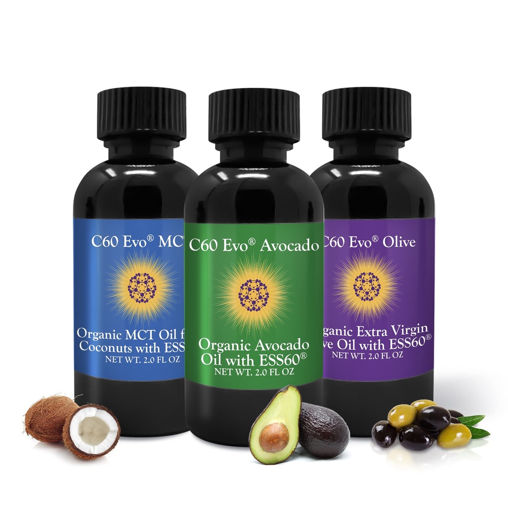 C60 Evo All- Natural Evable Oils, Mini olej vzorek Sada s čistou C60 ESS60, imunitní podpora a společná podpora Dodatek s olivovým olejem, Avocado Oil & MCT Kokosový olej, Sada 3, 2 oz