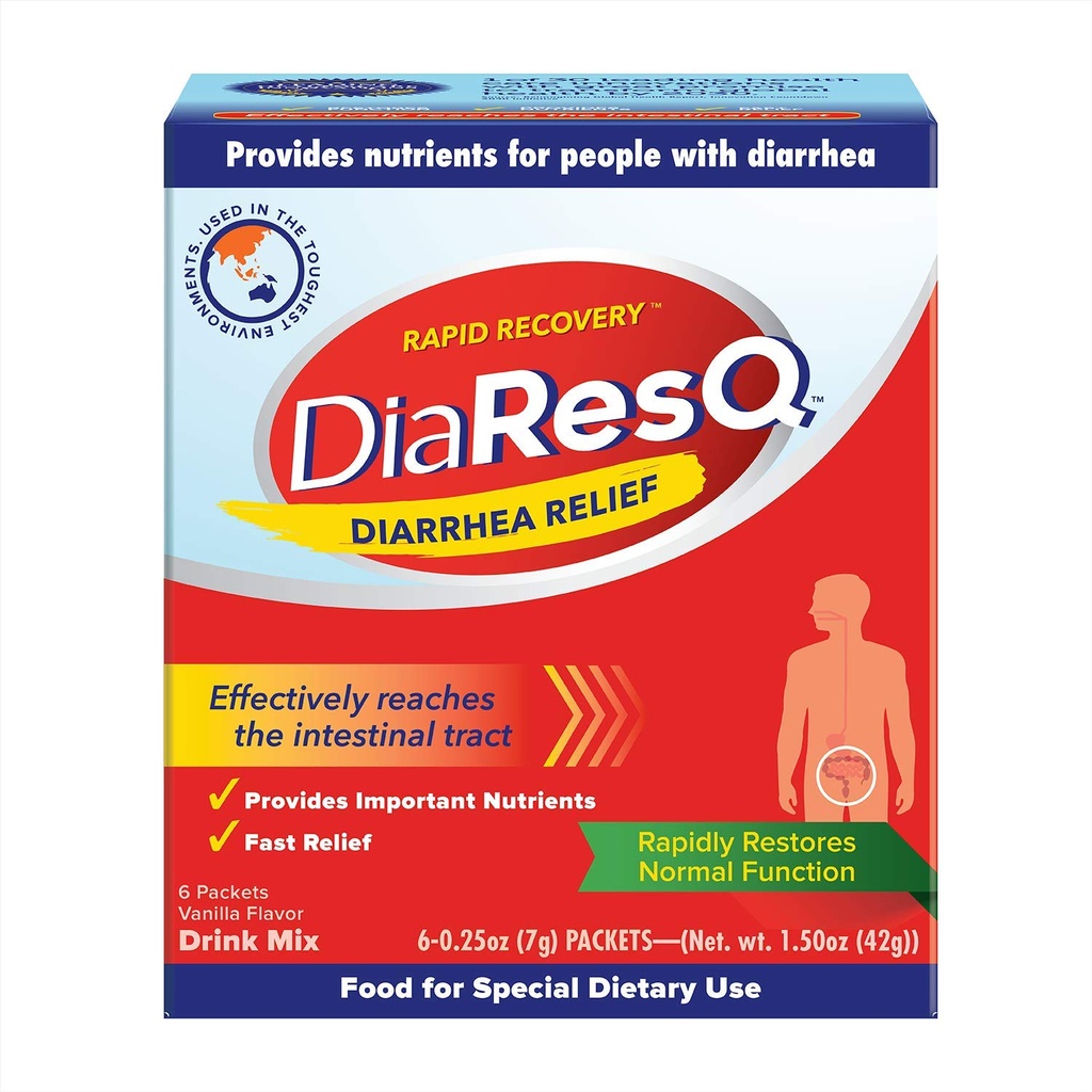 DiaResQ Průjem a imunitní podpora Colostrum Drink Mix pro dospělé, 6 Ct, Rychlé zotavení, Pomáhá obnovit normální střevní funkce, Vanilla Flavor