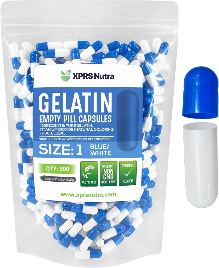 XPRS Nutra Velikost 1 Prázdné kapsle - 500 Hrabě Prázdné želatiny Kapsle - Plnicí pera DIY Kapsle - Čisté Gel kapsle na skot pro Do- It- Vaše vlastní doplňky (modrá / bílá)