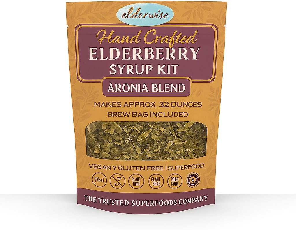 Elderwise Elderberry Aronia Berry Syrup Kit - Bezinky, Aronia Berries, Rosehies, Ginger, Echinacea, Skořice, a hřebíček, Vyrábí 32 oz Syrup, Pivovarnické tašky