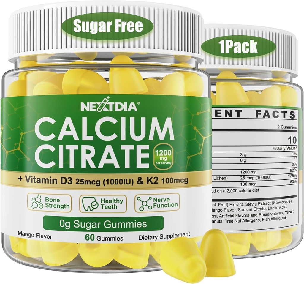 Citrát vápenatý Gummies 1200mg s vitaminem D3 K2, Žvýkací doplňky vápníku pro ženy a muže, vysoce potentní podpora B0ne, Te * th, síla a imunitní zdraví, Mango Flavor, Non- GMO, cukr zdarma, 60 Cts