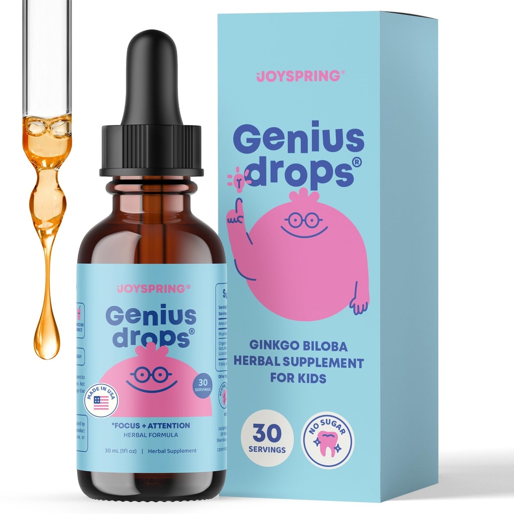 JoySpring Genius Kapky pro děti 124; Klinicky osvědčený Focus Dodatek 124; Liquid Herbal Focus Dodatek s Ginkgo Biloba pro děti (1 fl oz) 30 Služební