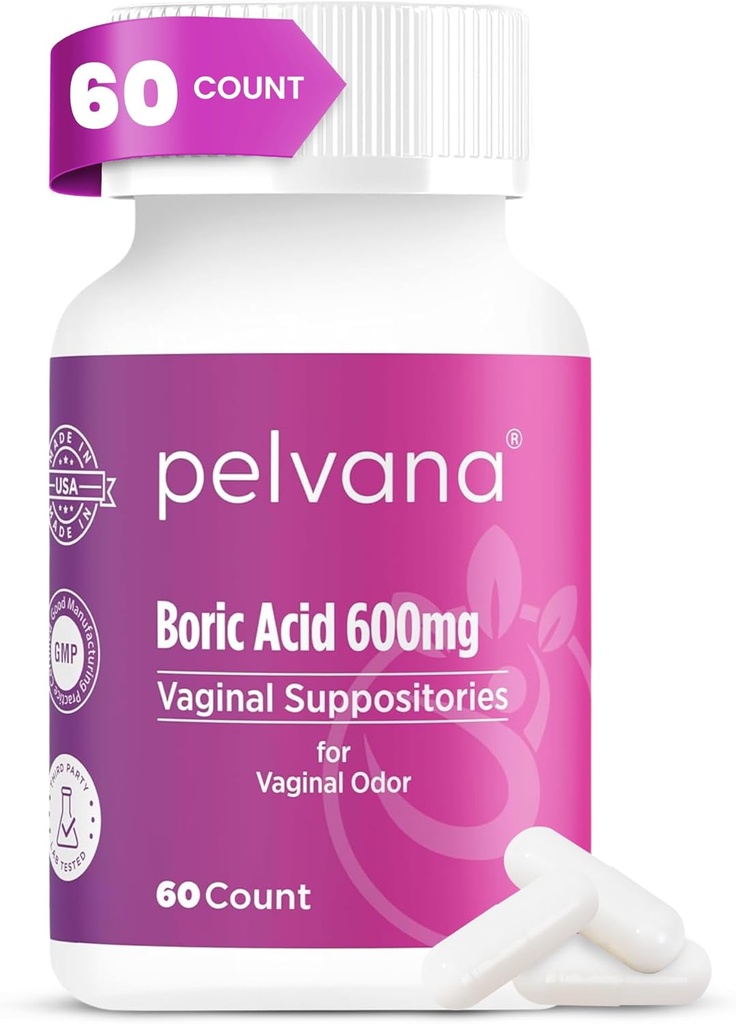 Suppository kyseliny borité Pelvana pro ženy 60 Počet - pro Vaginální zápach & Freshness, Hygiena & Wellness - Laboratoř s 13 stranami ověřená & Lahvička v USA - Ženské Zdravotní zápach Řešení