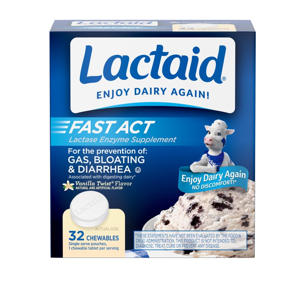 Lactaid Fast Act Intolerance laktózy Relief Chewables with Natural Lactase Enzyme to Prevent Gas, Bloating & Diarrhea Due to Lactosa Sensitivity, On- The- -go, Vanilla Twist Flavor, 32 x 1 ct