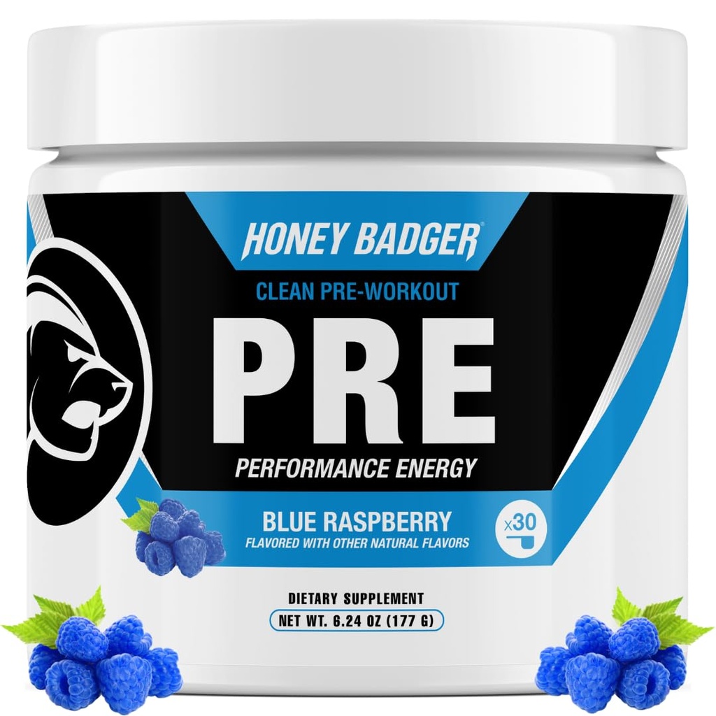Med Badger Pre Workout Powder, Keto Vegan Preworking pro muže a ženy, Beta Alanin & kofein, Cukr zdarma přírodní energie dodatek, modrá Raspberry, 30 Služeb
