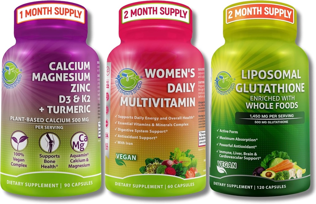 Dámské multivitamin, vápník a liposomální Glutathion Trio - Plant- Based vápník, hořčík, zinek, D3, K2 & turmeric + dámské denní multivitamin se železem + liposomální glutathion 500mg