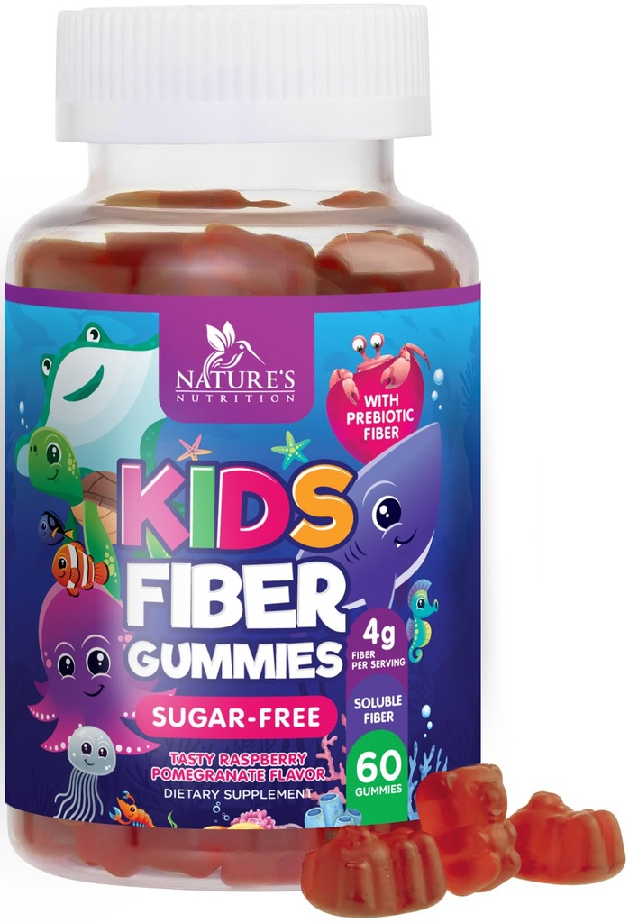 Kids Fiber Gummies 4g - Prebiotický doplněk vlákna pro stravovací zdraví, Regularitu a imunitní podporu - Cukr zdarma & Plant- Based Fiber - Natural Raspberry Flavor - Vegan, gluten- Free - 60 Gummies