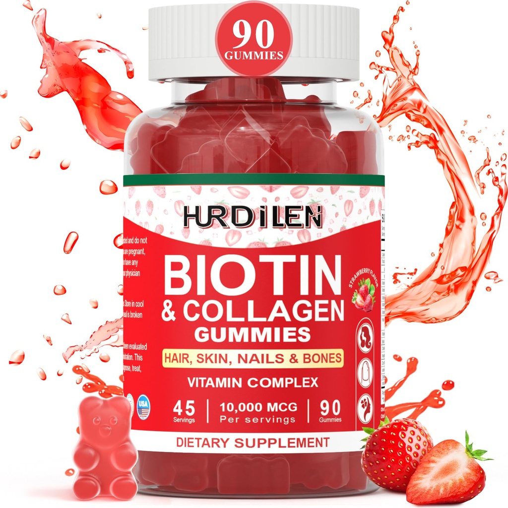 Vlasové a nehtové gumy, 10000mcg Biotin Kolagenové gumy pro ženy a muže, Vitamin doplňky Podporuje rychlejší růst vlasů, Silnější nehty, Zdravá kůže, Síla kosti, 90 Gumy