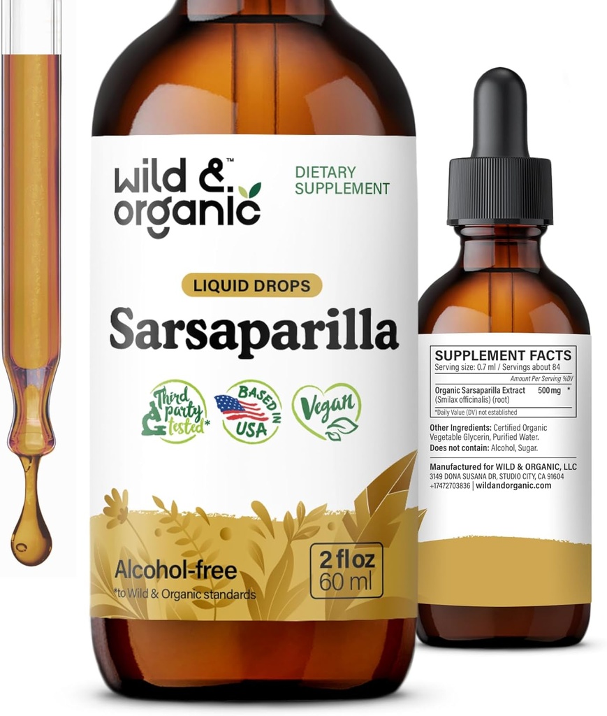 Wild & Organic Sarsaparilla Root Drops - Detox Cleanse Drops - Sarsaparilla Powder Based Tincture - Vegan, Sugar & Alcohol- Free Liquid Supplement - 2 fl oz