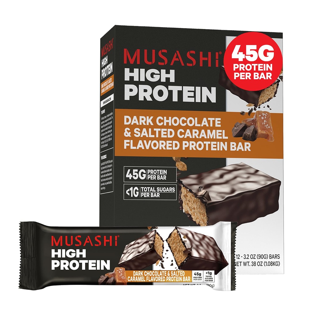 MUSASHI High Protein Bar, 45g protein, < 1g Celkem Sugars, Dark Chocolate & Salted Caramel, Post Workout a protein Snack On The Go, 12 Pack of 3.2oz (90g) Bary