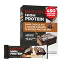 MUSASHI High Protein Bar, 45g protein, < 1g Celkem Sugars, Dark Chocolate & Salted Caramel, Post Workout a protein Snack On The Go, 12 Pack of 3.2oz (90g) Bary