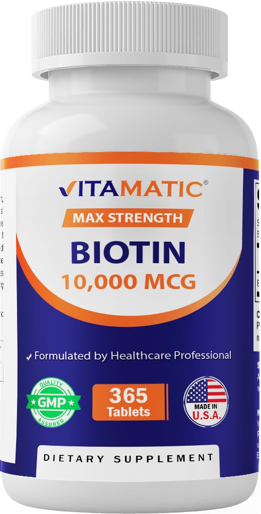 Vitamatic Biotin 10 000 mcg (10 mg) pro silnější vlasy, kůže a nehty - 365 Veganských tablet - také nazývaný vitamin B7