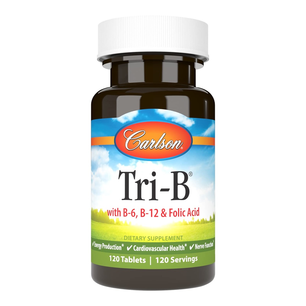 Carlson - Tri-B, vitamin B Complex, 25 mg vitaminu B-6, 400 mcg vitaminu B-12, Acid Folic Energy Pills, Podpora kardiovaskulární zdraví, B Complex Vitamíny, B12 dodatek, B Vitamin Complex, 120 Tablety