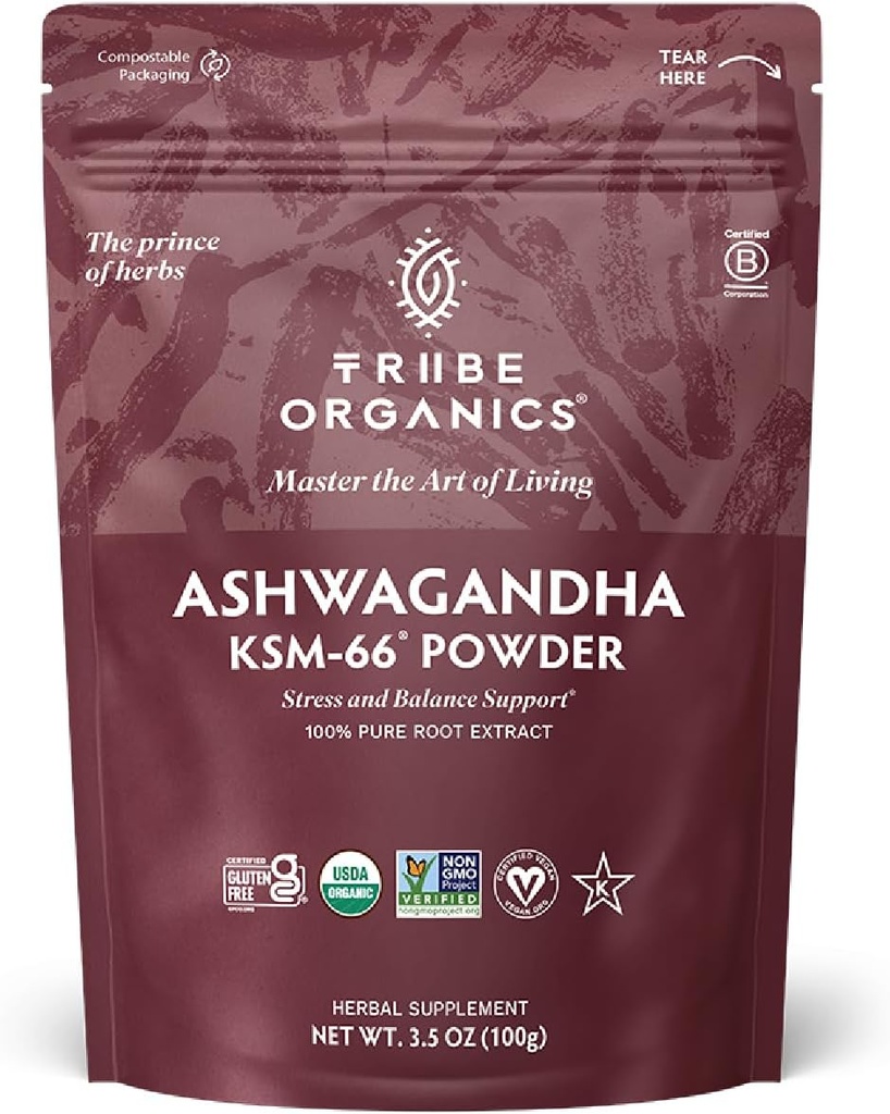 TRIBE ORGANICS KSM- 66 Ashwagandha Root Extract Powder Ayurvedic Herb for Mood Support CY124; Increase Energy CY124; Strength - Organic CY124; Natural CY124; Gluten Free CY124; Non GMO CY124; Full- Spectrum - 100g Pouch