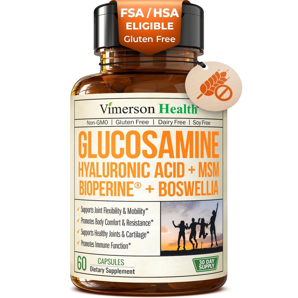 Glukosamin Sulfát s kyselinou hyaluronovou, Boswellia, Black Pepper & MSM dodatek - 5-in-1 Společné doplňky pro muže a ženy - Společné zdraví, mobilita a síla kostí - FSA způsobilé 60 Caps