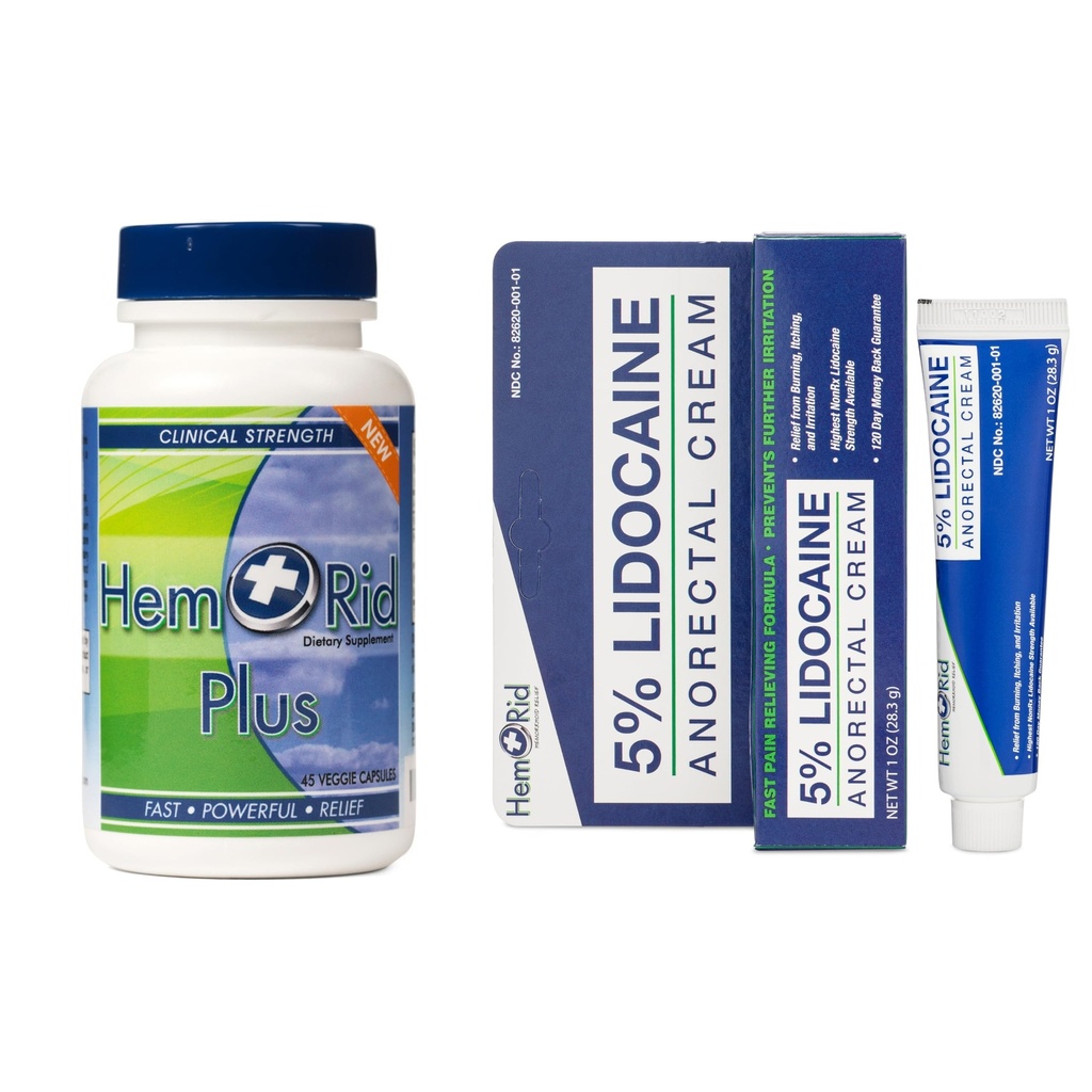 HemRid Plus & Lidokain Cream Bundle: Komplexní péče o hemoroidní diskomfort, Vyrobeno v USA