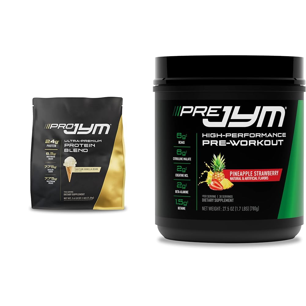 PRO JYM 45 Servings - Tahitian Vanilla Bean & PRE JYM 30 Servings - Ananasová jahoda