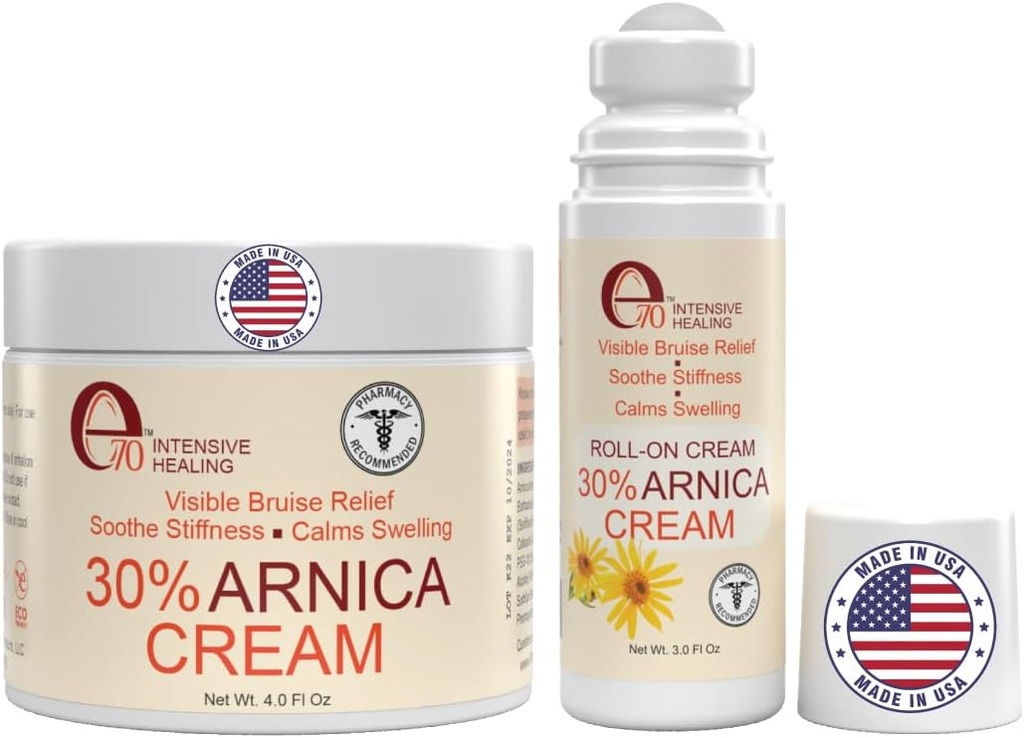 Arnica Cream & Arnica Gel Roll- On 2PK pro podlitiny a otok, Soothe Sore Muscles & Joints s vitamínem K, 30% Arnica Montana, Hyaluronic acid & L-Arginin