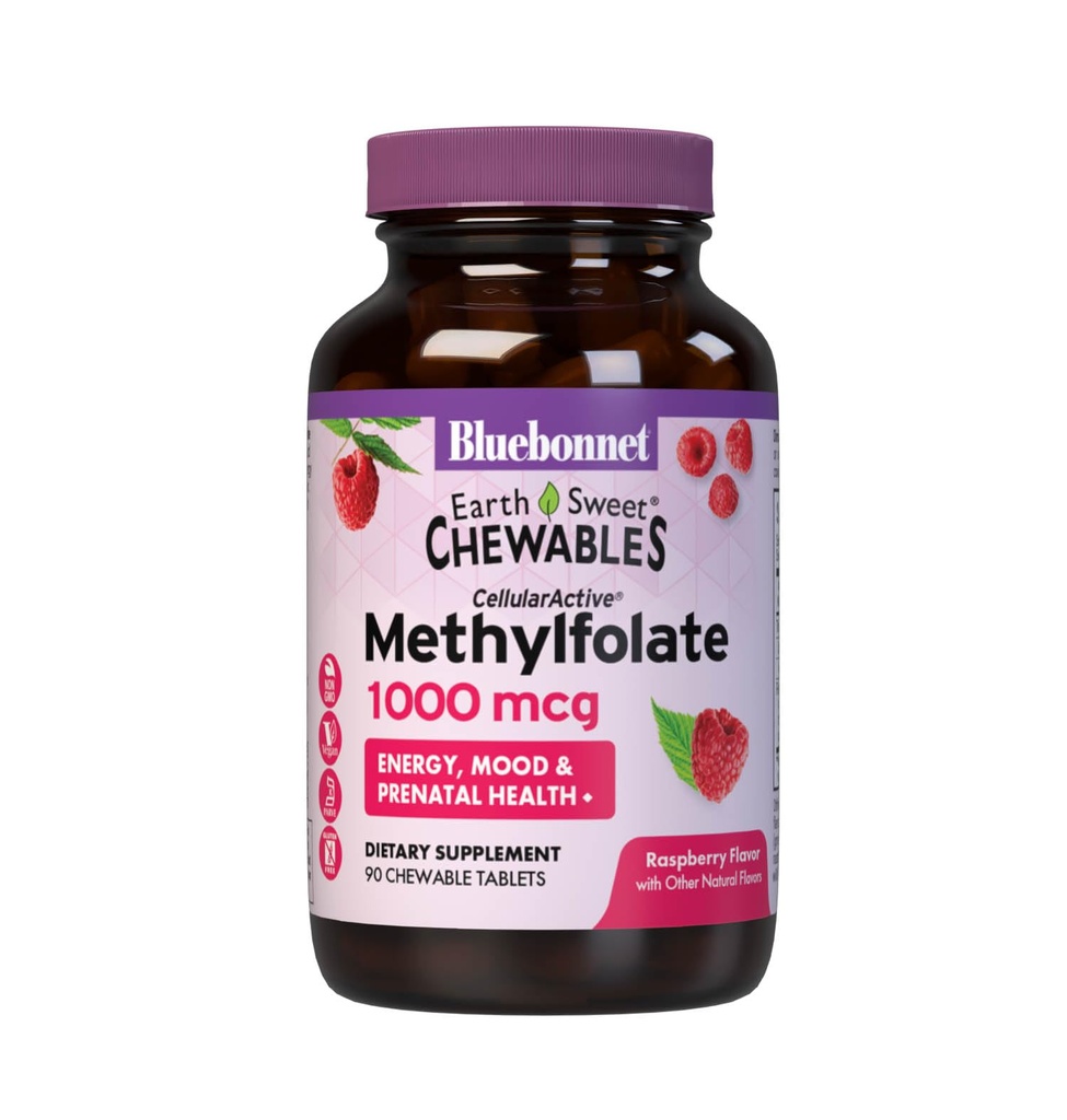 Bluebonnet EarthSweet Methylfolate 1000 mcg Cellular Active Coenzym 5-MTHF L Methyl Folate Supplementary - Prenatal & Energy Support - Non- GMO, Vegan, gluten- Free - Raspberry - 90 Žvýkací tablety