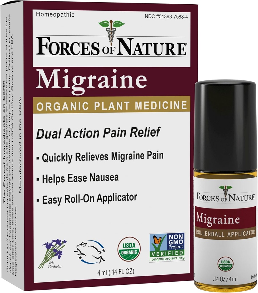 Síly přírody přírodní, organická migréna bolest Relief Topical Roll- on, Podporuje Protrm, Aura, Bolest hlavy, Únava, Lehká a zvuková citlivost, Nausea spojená s Migrény, Non- GMO, 0.14 Fl Oz