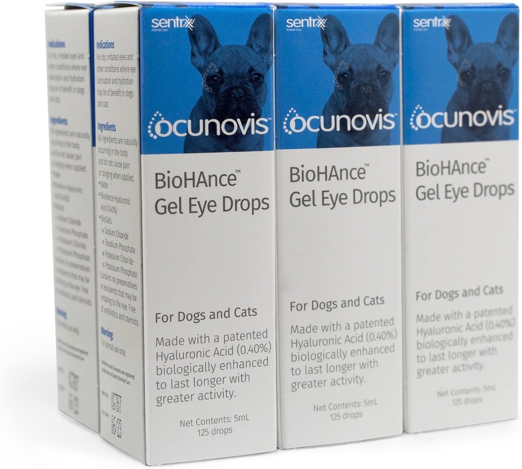 Sentrx - Ocunovis Gel Eye Drops pro psy a kočky se suchými očima, Hydratační Cat a pes Oční Drops s Hyaluronic Acid, Non- Blurring a Non- Strhující umělé slzy, 5 ml, 6 Pack