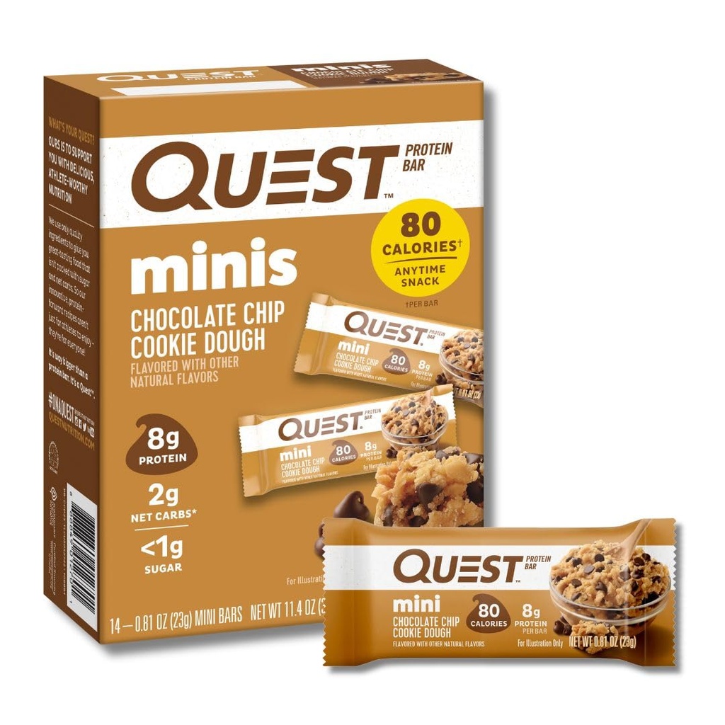 Quest Nutrition Mini Chocolate Chip Cookie Dough Protein Bary, 8g Protein, 1g cukr, 2g čisté sacharidy, gluten zdarma, 14 Počet