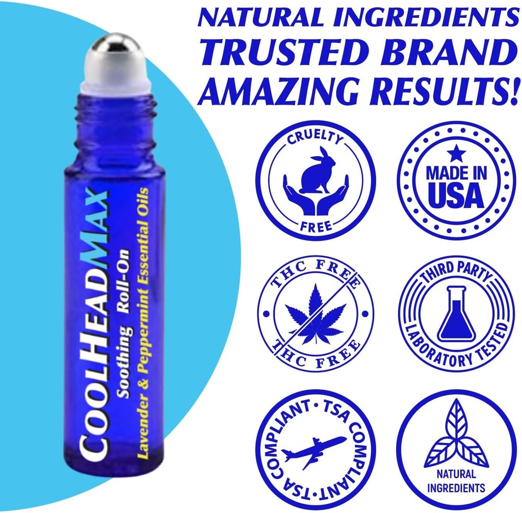 CoolHead Max Roll On, Natural Peppermint Essential Oil Migréna Relief, Podpora bolesti hlavy Roller, Rychlé chlazení Comfort pro vaši hlavu, 3 Pack