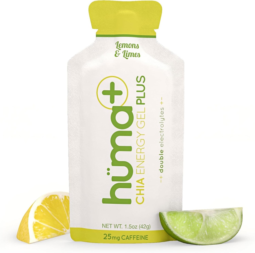 Huma Plus (Double Electrolytes) - Chia Energy Gel, Lemon Lime, 12 Gels, 25mg Caffeine - Somech Friendly, Real Food Energy Gels