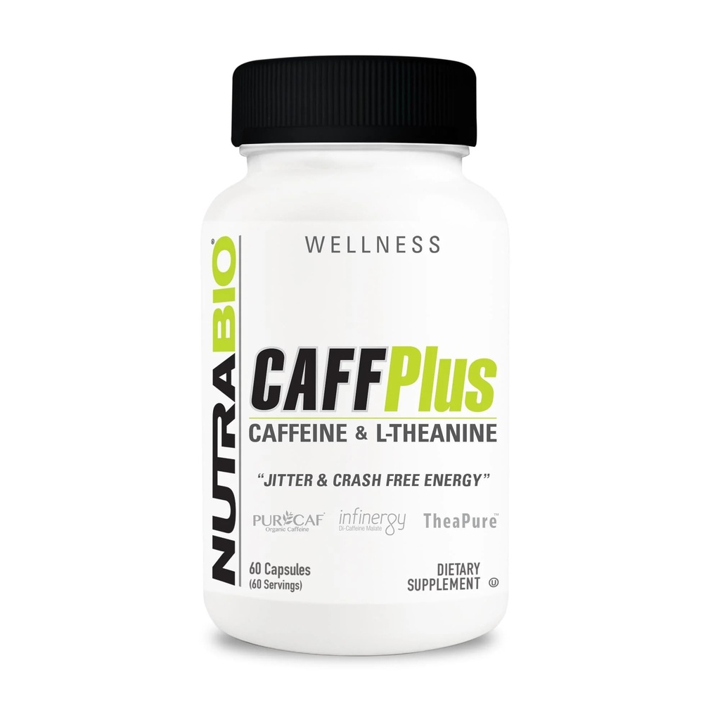 NutraBio CaffPlus, Dual Source Caffeine s Theanine pro zdravou energetickou podporu - 60 Zeleninové kapsle