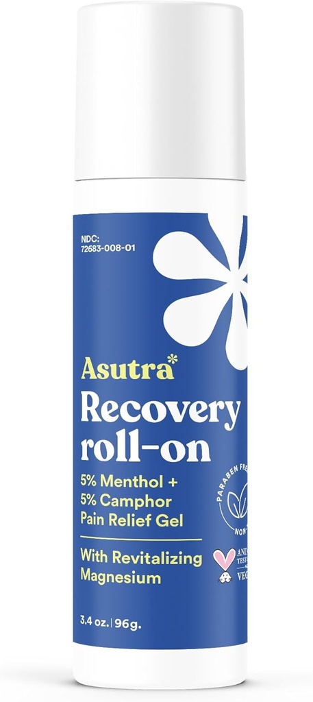 ASUTRA Recovery Roll- On Gel, 3.4 oz - Chladicí a zahřívací senzace, Dočasná úleva od svalové nespokojenosti a bolestivosti, Mess- Free Applicator, Menthol, Camphor, a Premium-Quality Magnesium