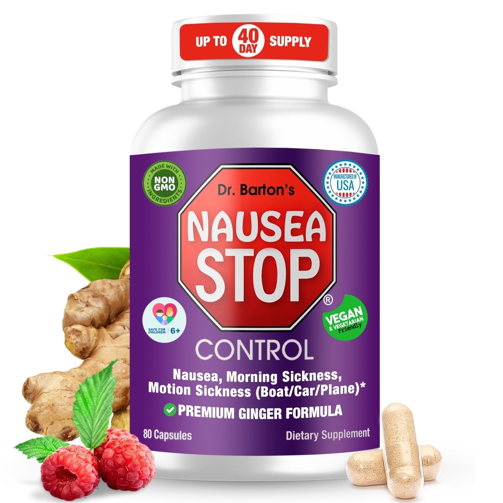 Dr. Barton 's Nausea Stop - Přírodní zázvor, Non- Drowsy Nausea Relief pilulky pro dospělé a děti, Anti Nausea, Upset Žaludek, Ranní nevolnost & Těhotenství Nevolnost - Cestování Essentials - 80 Kapsle (1 balení)