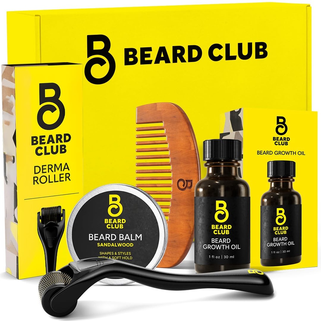 Beard Club Beard Growth Kit - Derma Roller, Beard Growth Oil, Sandalwood Balm, Comb - Dárková sada