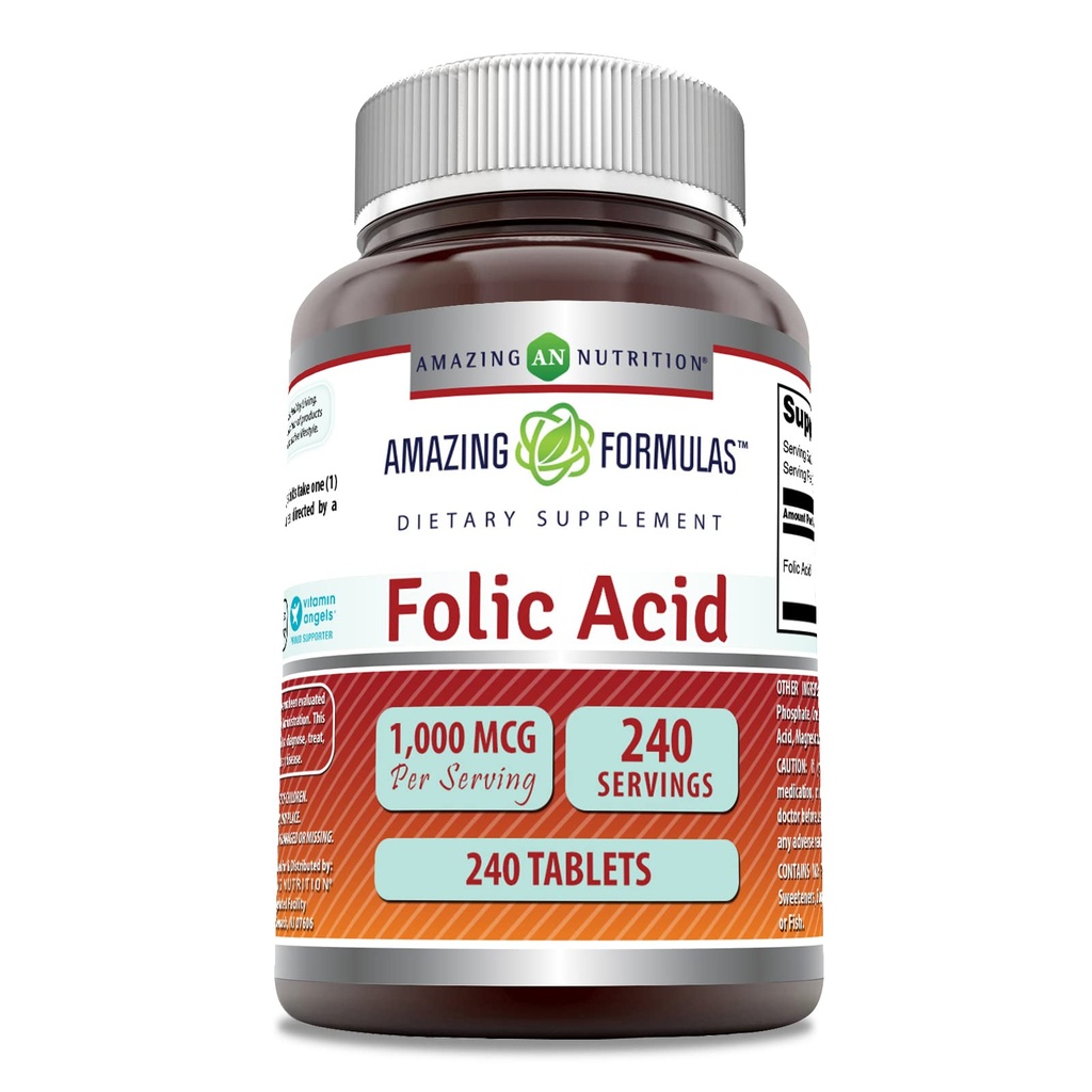 Amazing Difficias Folic Acid 1000 Mcg (1 Mg) CLAS124; 240 Tablety dodatek CLAS124; Vitamin B9 CLAS124; Non- GMO CLAS124; Gluten Free CLAS124; Made in USA