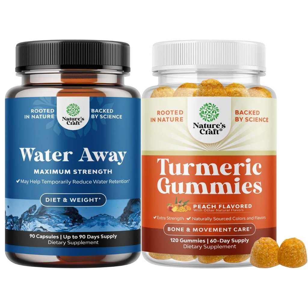 Svazek vodovodních kapalin Retention with Dandelion Leaf Extract & Green Tea for Bloating Relief and Turmeric Gummies for Dospělí Peach Flavor - Turmeric Curcumin with Black Pepper Extract and Ginger