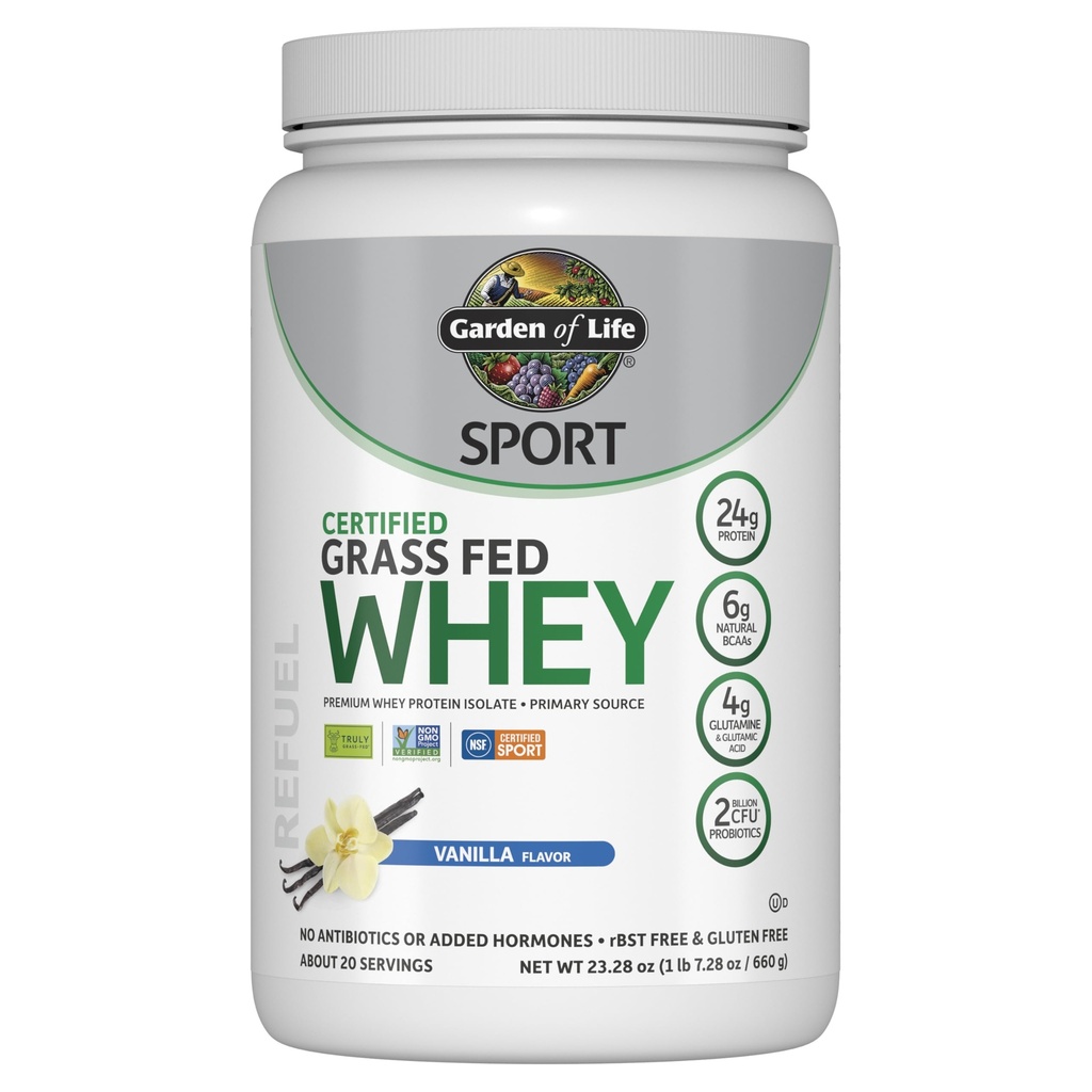 Zahrada života SPORT syrovátkové bílkoviny prášek vanilka, Premium tráva Fed syrovátkové bílkoviny izolát plus probiotika pro imunitní systém zdraví, 24g protein, non GMO, gluten zdarma, chlazený zpracován - 20 Služeb