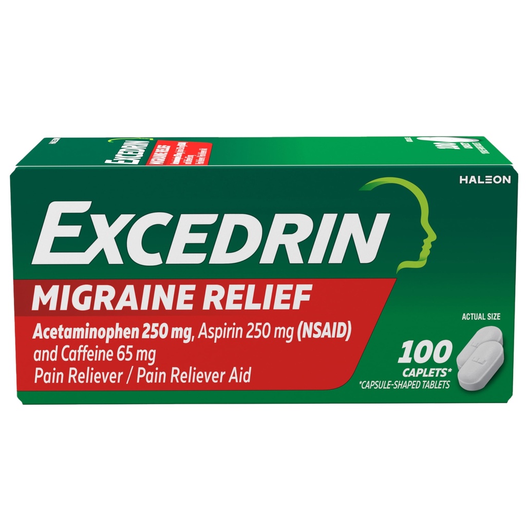 Excedrin Migréna Relief Caplet for Migréna Symptoms, Acetaminophen 250mg, Aspirin 250mg, Caffeine 65mg, Pain Reliever, 100 Počet