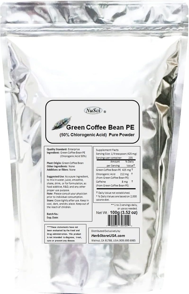 Green Coffee Bean Extract Powder, Standardizované 50% chlorogenová kyselina (100 gramů (3.52 oz))