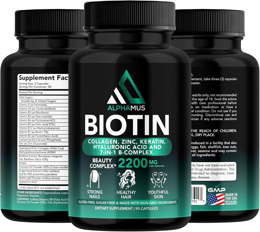 Biotin a kolagen Doplňky s keratinem - Biotin 5000mcg Kapsle pro růst vlasů, Zdravá kůže a nehty - Optimalizované míchání kyseliny hyaluronové a vitamin- B Komplex pro ženy a muže, 90 Kapsle