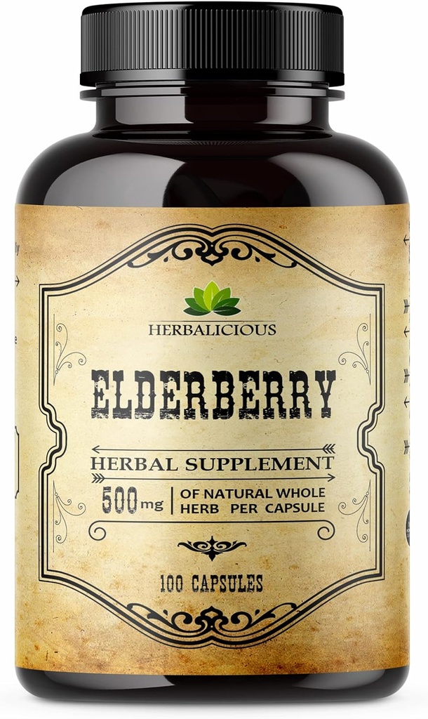 Elderberry Kapsle - Přírodní Black Elderberry Bylinný dodatek - Imunitní Boostery pro dospělé, Digestivní Podpora, Antioxidanty & Vitamin C - Fiber- Rich, Non- GMO - 100 Kapsle pro muže a ženy