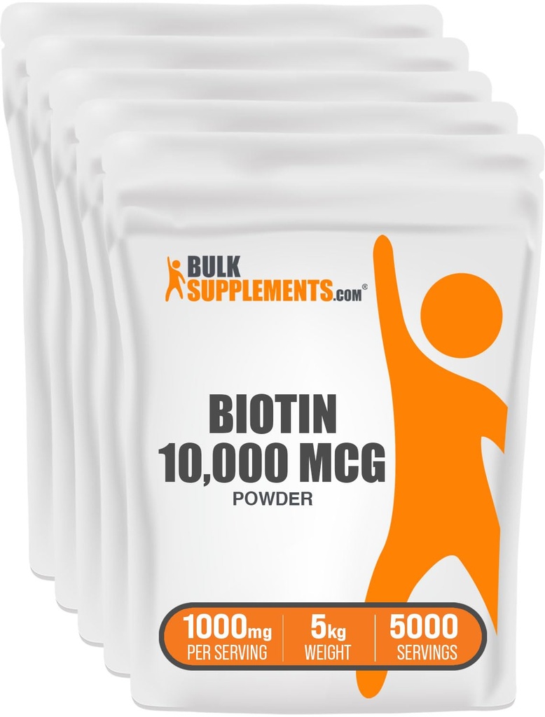 BulkSupplements.com Biotin 10000mcg Powder - Vitaminy pro vlasy, kůži a nehty - jako vitamín B7, gluten Free, 1000mg per Serving (10mg Biotin), 5kg (11 liber) (balení po 5)