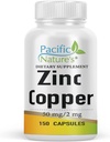 PACIFIC NATURE 'S zinek mědi dodatek (150 kapsle) s 50mg zinku glukonanu, 2mg síranu mědi pro imunitní podporu - gluten zdarma, non-GMO