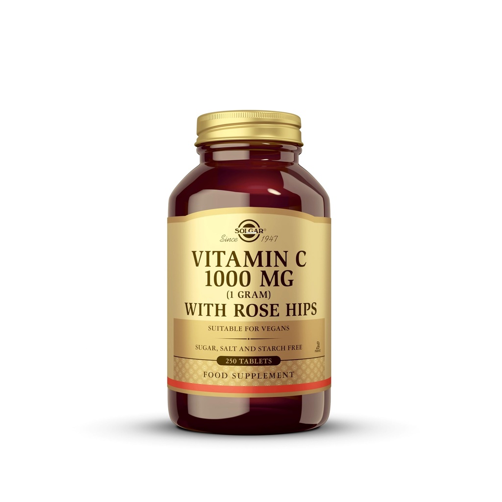 Solgar Vitamin C 1000 mg s Rose Hips, 250 Tablety - Antioxidant & Imunitní podpora - Celkové zdraví - Podporuje zdravou pleť & spony - Non- GMO, Vegan a Kosher - 250 Služeb